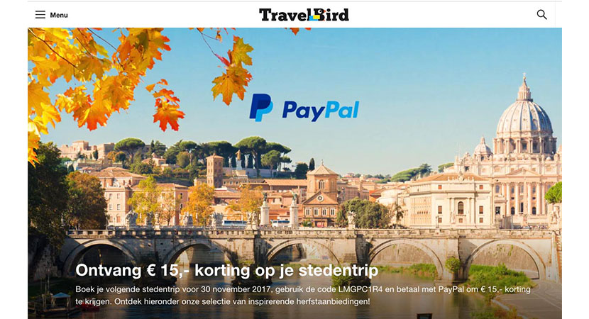 Kortingscode en actiecode TravelBird Paypal1