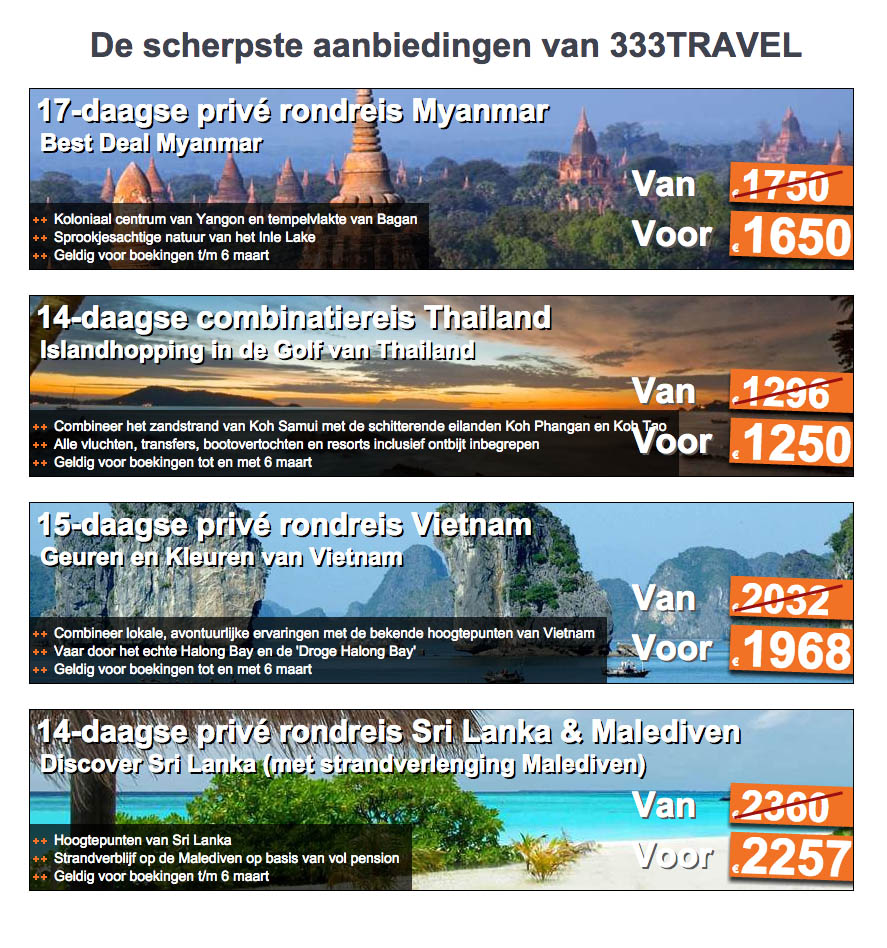 Tot 100 euro korting bij 333 Travel vakanties Azie1