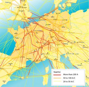 Overzicht van de 'snelwegen' in het Europese luchtruim. (Bron: http://www.airtrafficmanagement.net/2012/11/fabec-hits-on-time-targets/)